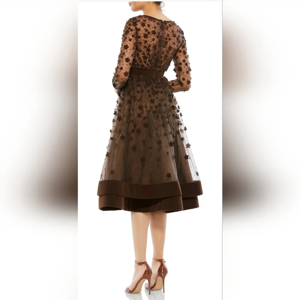 Mac Duggal Long Sleeve Fit & Flare Velvet Embellished Brown Floral Dress sz 2 - Picture 2 of 14